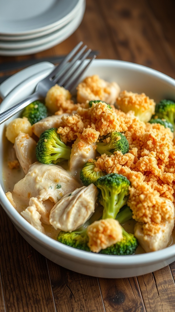 Delicious Creamy Chicken and Broccoli Casserole Creamy chicken and broccoli casserole in a white dish, topped with golden breadcrumbs, served on a rustic table.